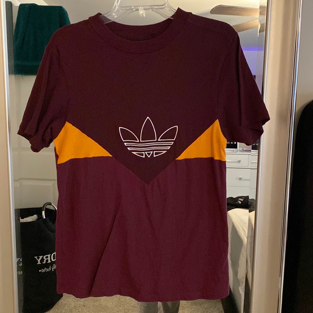 Adidas burgundy and mustard yellow tee